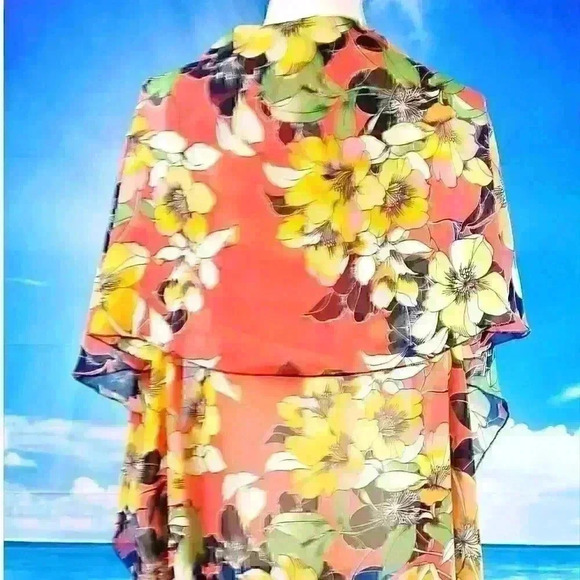ORANGE FLORAL Beach Cover Sheer Open front Long Shawl LIGHTWEIGH Shrug One Size - Picture 12 of 14